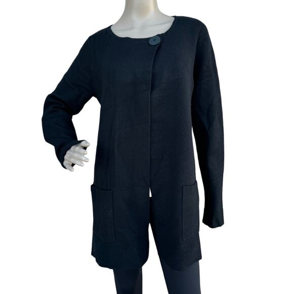 JNY Jones New York Black Knit Faux Fur Removable Collar One Button Cardigan L - Picture 2 of 10